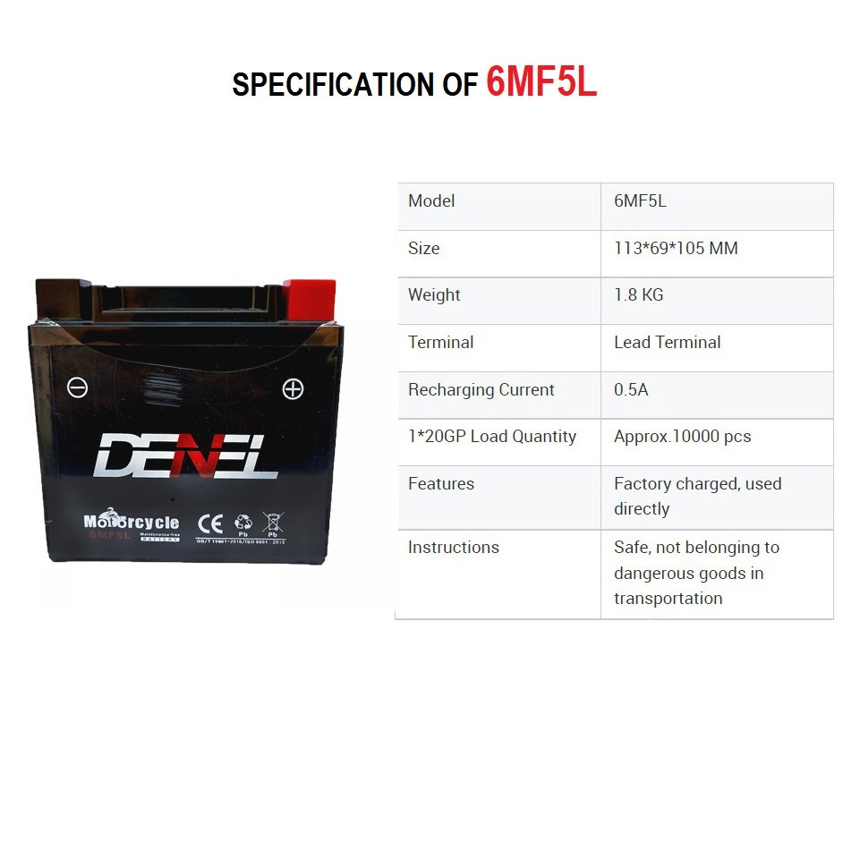 DENEL DRY BATTERY 5AH / 12V FOR HONDA , YAMAHA, SUZUKI
