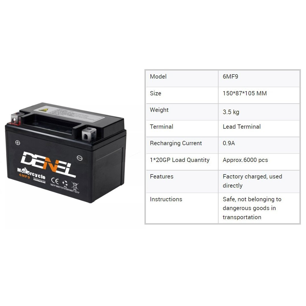 Super Bike AGM Battery CCA 420 Model 6MF9 9Ah 12V