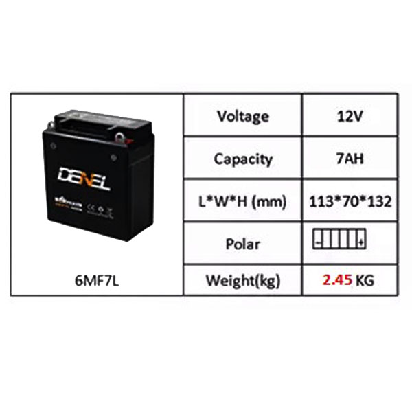 DENEL DRY BATTERY 7AH -12V FOR YAMAHA YBR, YBRG, YBZ, YBZ DX